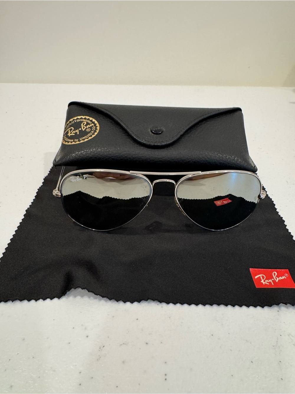 Ray-Ban Polarized Silver Frame Black Mirror Aviator Sunglasses made in Italy